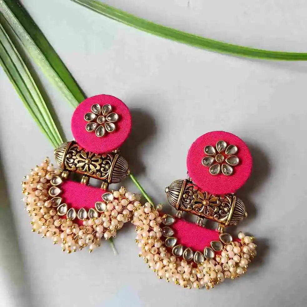 Hand-embroidered articulated earrings in fabric patterns flowers felt wool leather jaseron 2024 gold Indian style pink and green