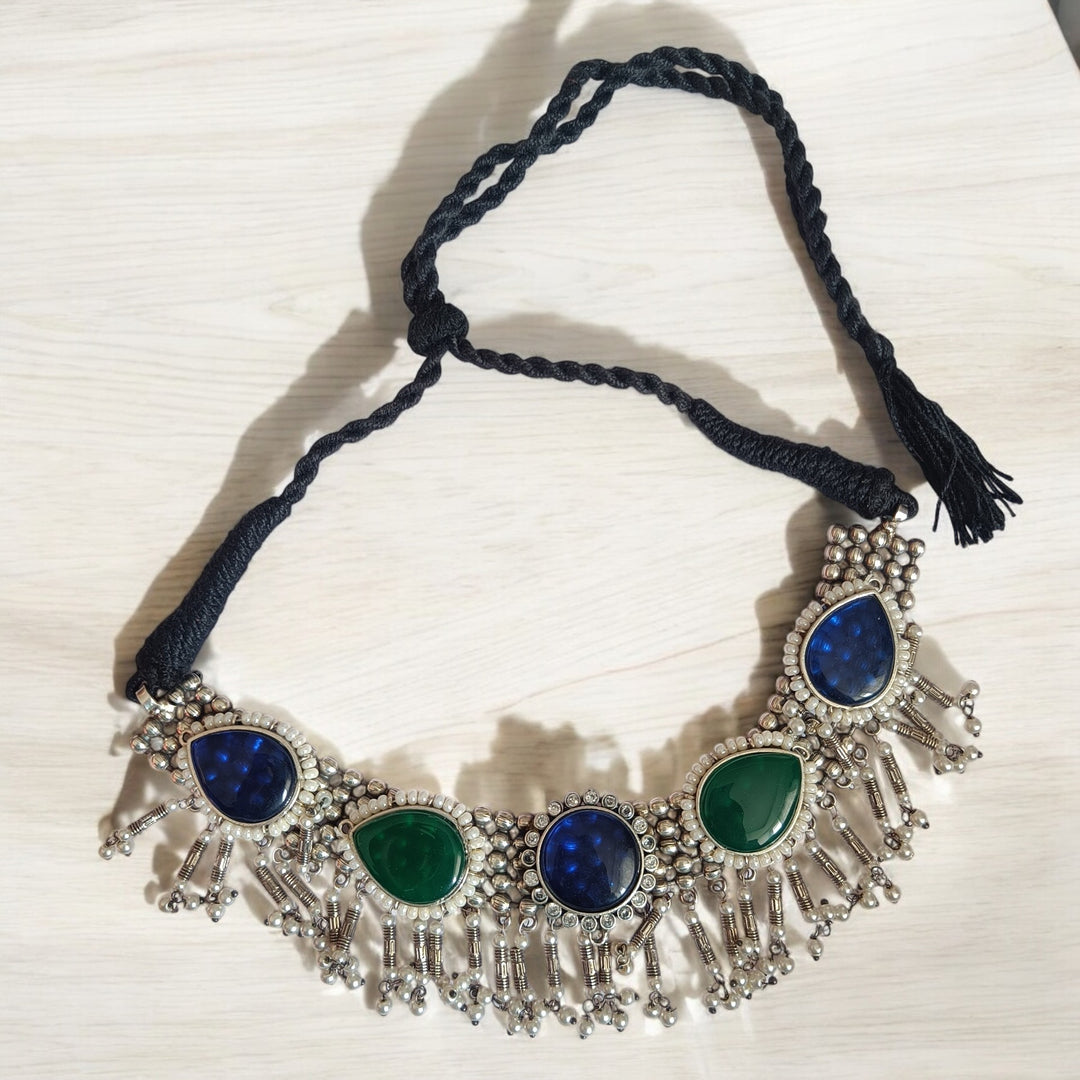 TELANAARI RADIANT RITIKA SILVER-PLATED BLUE GREEN NECKLACE SET [product_variant]