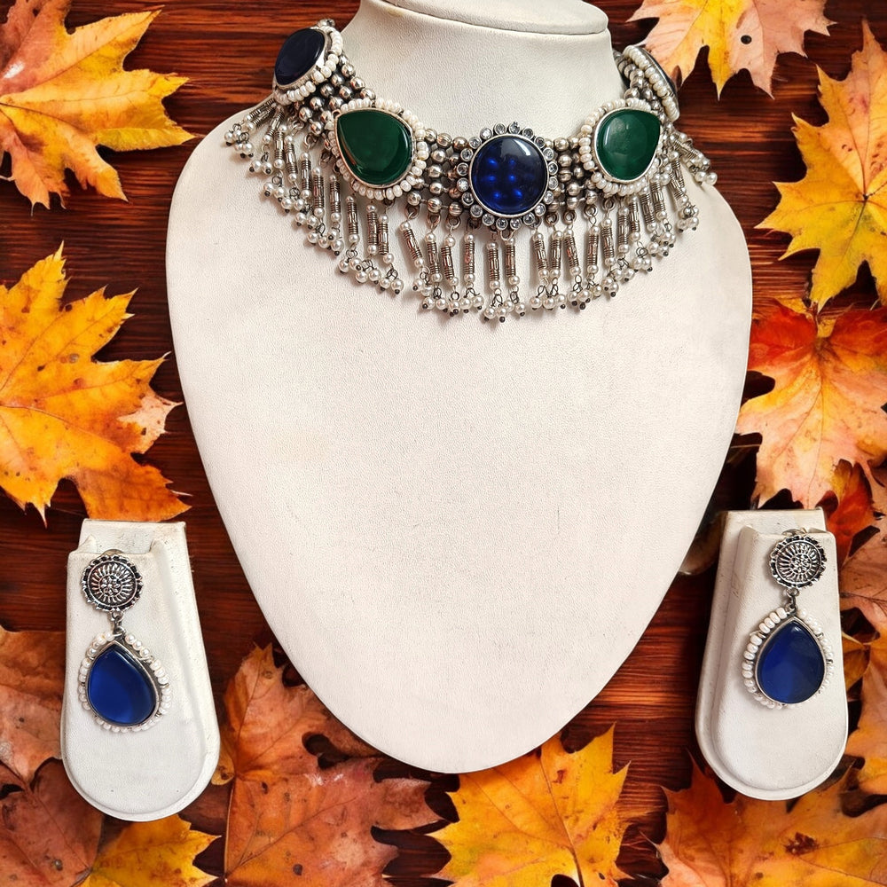 TELANAARI RADIANT RITIKA SILVER-PLATED BLUE GREEN NECKLACE SET