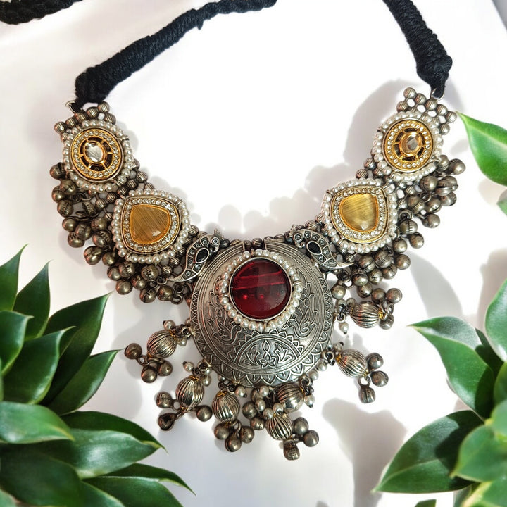 TELANAARI RADIANT BIBHA SILVER-PLATED RED YELLOW NECKLACE SET