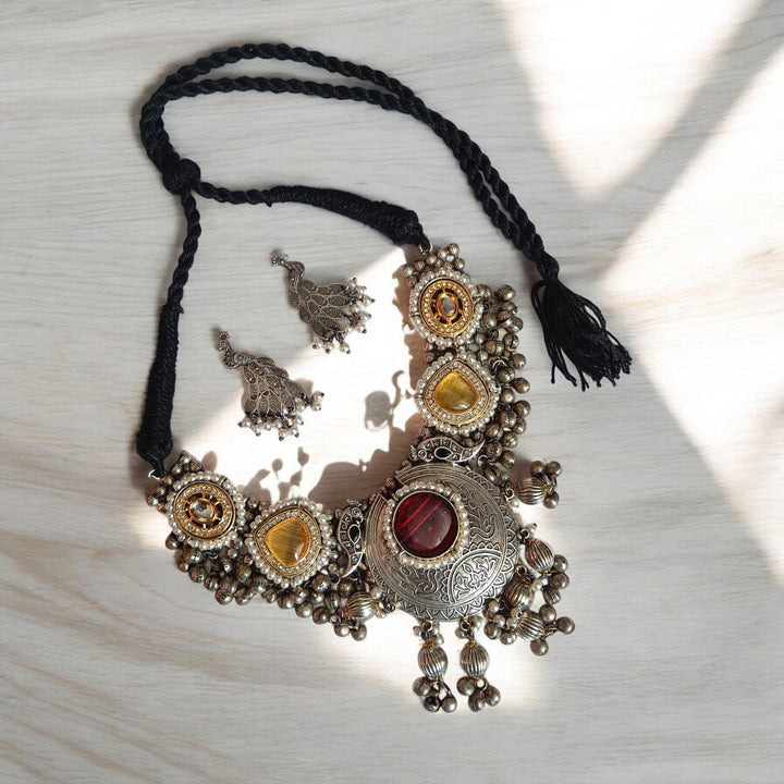 TELANAARI RADIANT BIBHA SILVER-PLATED RED YELLOW NECKLACE SET