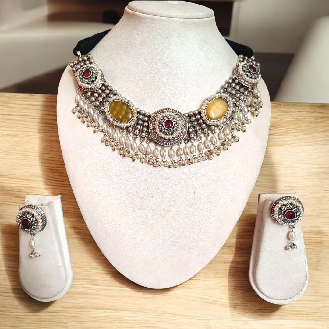 TELANAARI RADIANT NIDHI SILVER-PLATED YELLOW NECKLACE SET