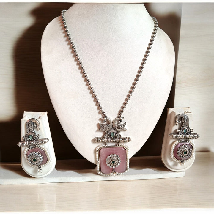 TELANAARI RADIANT JAGRITI SILVER-PLATED PINK NECKLACE SET