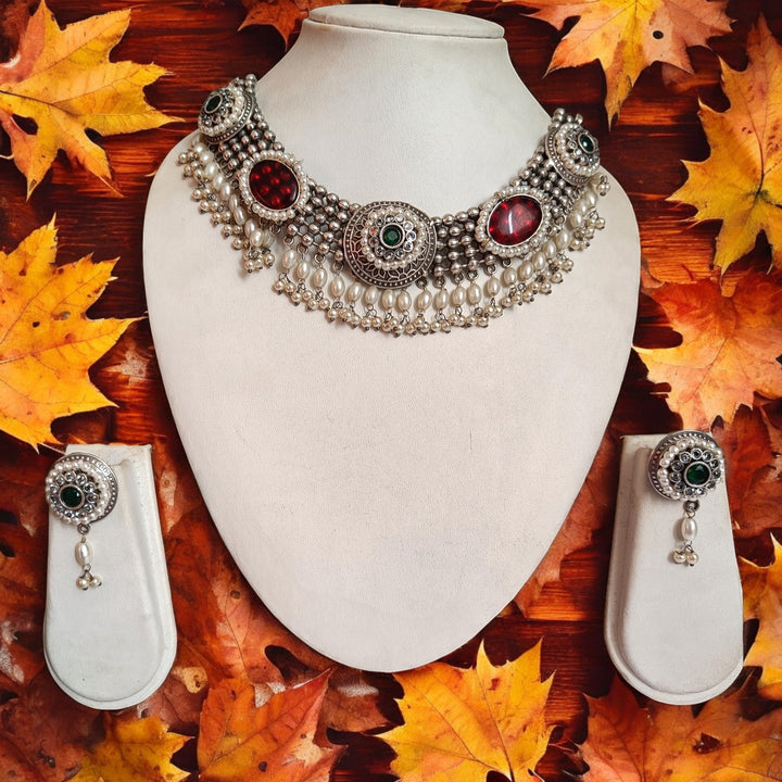 TELANAARI RADIANT SUMAN SILVER-PLATED RED NECKLACE SET [product_variant]