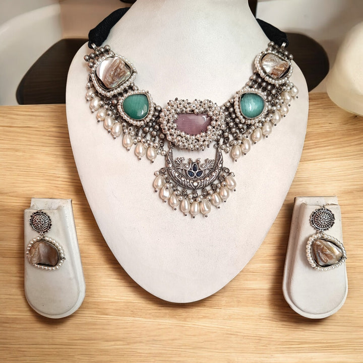 TELANAARI RADIANT SIMRAN SILVER-PLATED PINK SEA GREEN NECKLACE SET