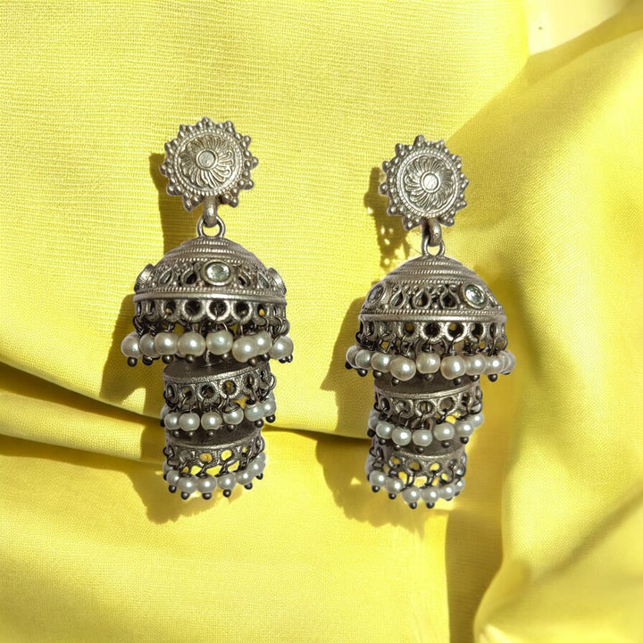 TELANAARI CLASSIC ANTIQUE GARGI SILVER-PLATED JHUMKI EARRINGS [product_variant]