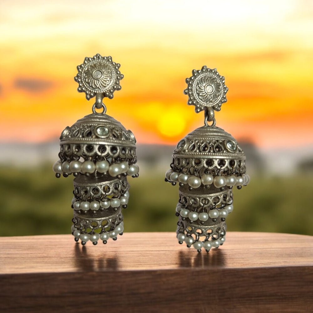 TELANAARI CLASSIC ANTIQUE GARGI SILVER-PLATED JHUMKI EARRINGS