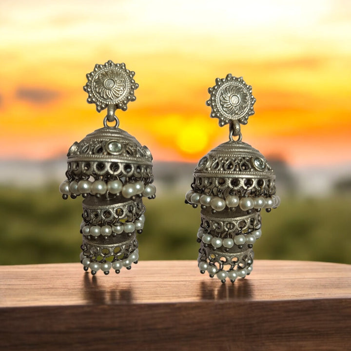 TELANAARI CLASSIC ANTIQUE GARGI SILVER-PLATED JHUMKI EARRINGS [product_variant]