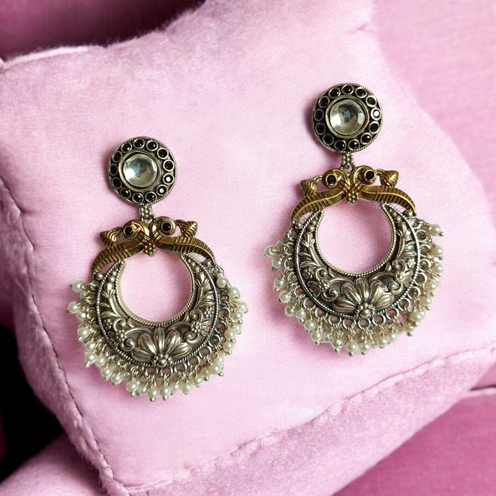 ELEGANT ISHWARYA DUAL TONE SILVER PLATED CHANDBALI EARRINGS [product_variant]- TelaNaari