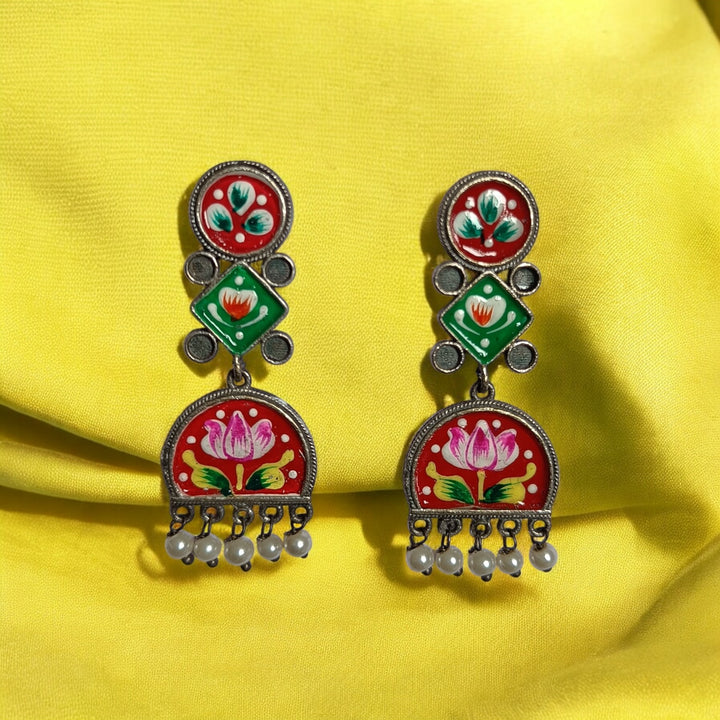 TELANAARI CLASSIC CHARU HAND PAINTED SILVER PLATED EARRINGS [product_variant]