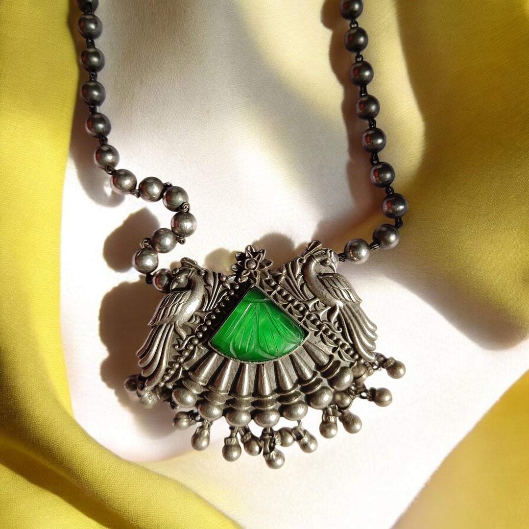 TELANAARI RADIANT RAKSHANDA SILVER-PLATED LIGHT GREEN NECKLACE SET