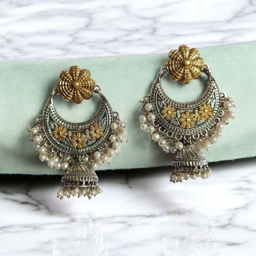 ELEGANT ISHMIKA DUAL TONE SILVER PLATED CHANDBALI EARRINGS