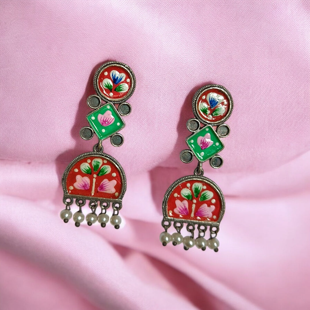 TELANAARI CLASSIC CHARU HAND PAINTED SILVER PLATED EARRINGS [product_variant]