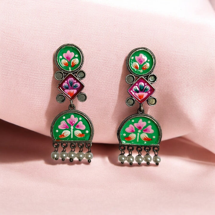 TELANAARI CLASSIC CHARU HAND PAINTED SILVER PLATED EARRINGS [product_variant]