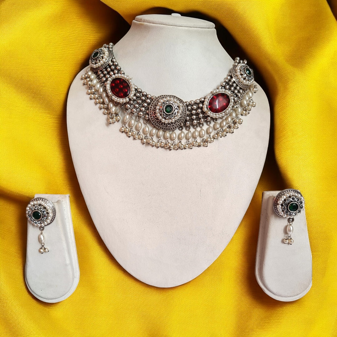 TELANAARI RADIANT SUMAN SILVER-PLATED RED NECKLACE SET [product_variant]