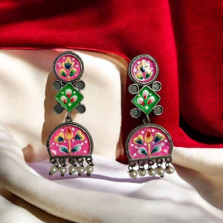 TELANAARI CLASSIC CHARU HAND PAINTED SILVER PLATED EARRINGS [product_variant]