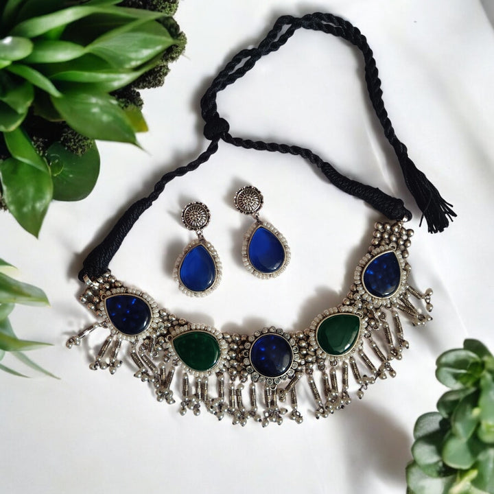 TELANAARI RADIANT RITIKA SILVER-PLATED BLUE GREEN NECKLACE SET [product_variant]