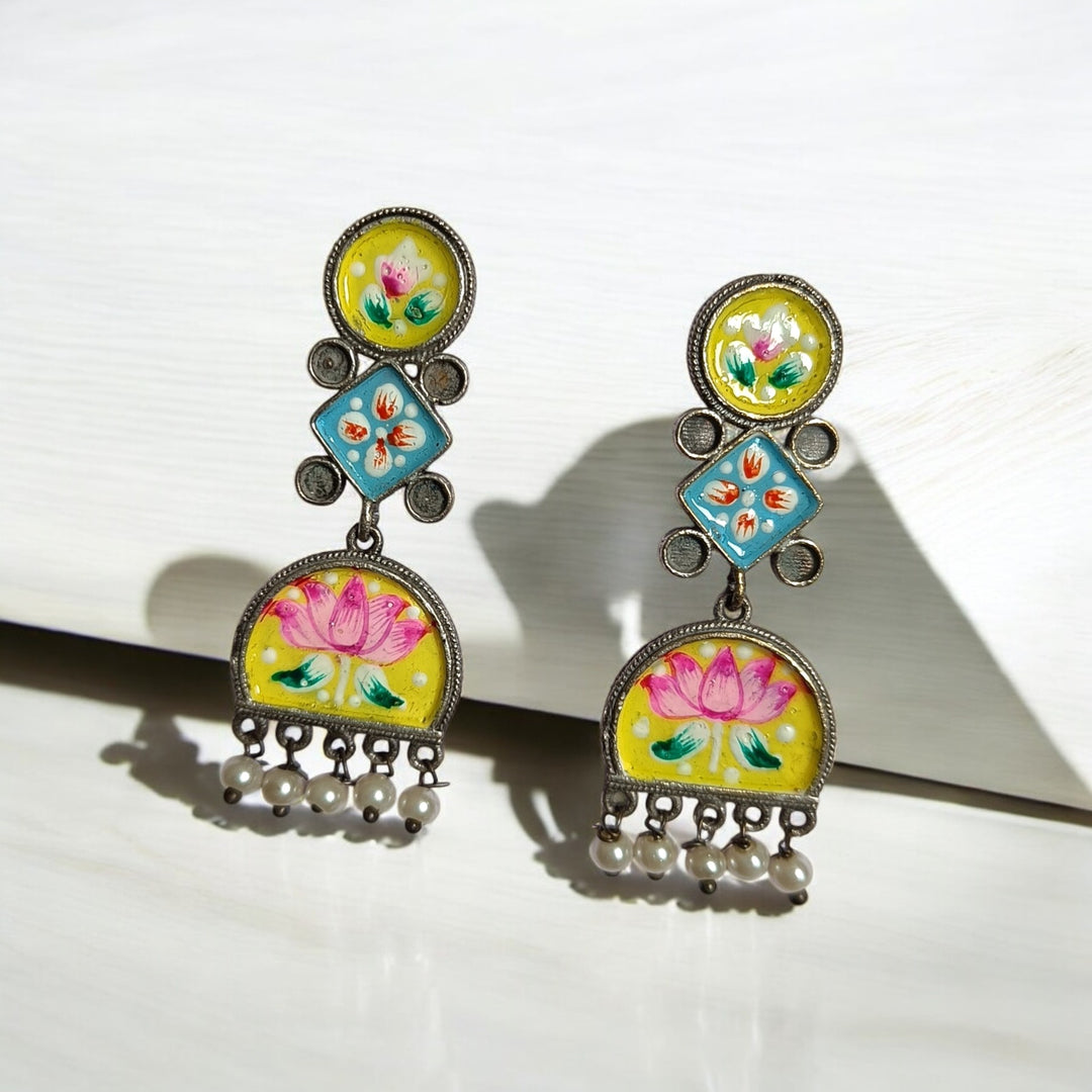 TELANAARI CLASSIC CHARU HAND PAINTED SILVER PLATED EARRINGS [product_variant]