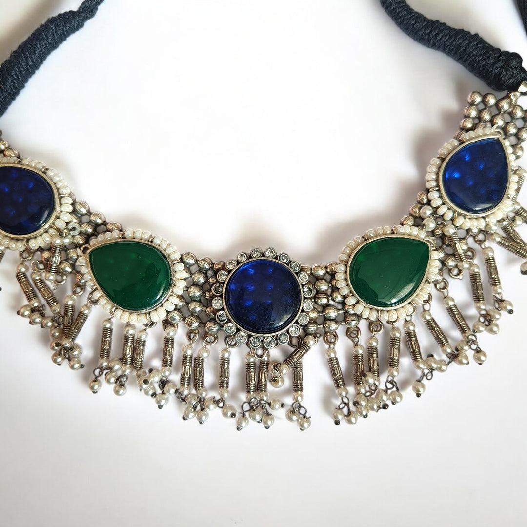 TELANAARI RADIANT RITIKA SILVER-PLATED BLUE GREEN NECKLACE SET [product_variant]