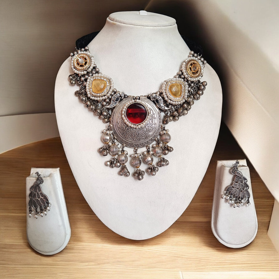 TELANAARI RADIANT BIBHA SILVER-PLATED RED YELLOW NECKLACE SET