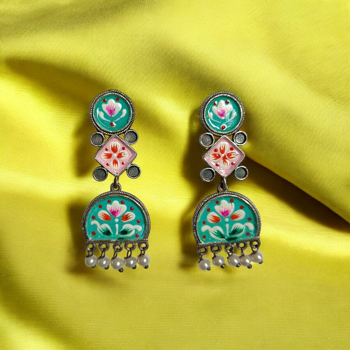 TELANAARI CLASSIC CHARU HAND PAINTED SILVER PLATED EARRINGS [product_variant]