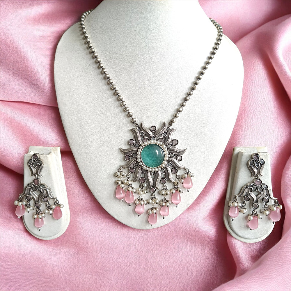 TIMELESS AATMAJA PINK SEA GREEN SILVER-PLATED NECKLACE SET