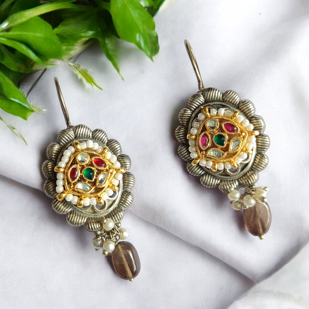 ABEENA DUAL TONE PACHI KUNDAN FUSION SILVER PLATED HOOK EARRINGS