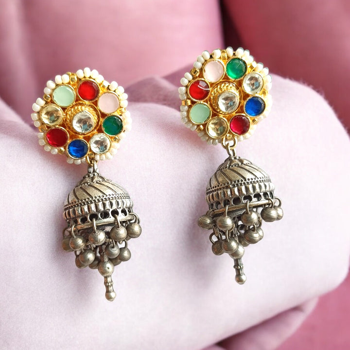 ABHILASHA DUAL TONE PACHI KUNDAN FUSION SILVER PLATED EARRINGS [product_variant]- TelaNaari