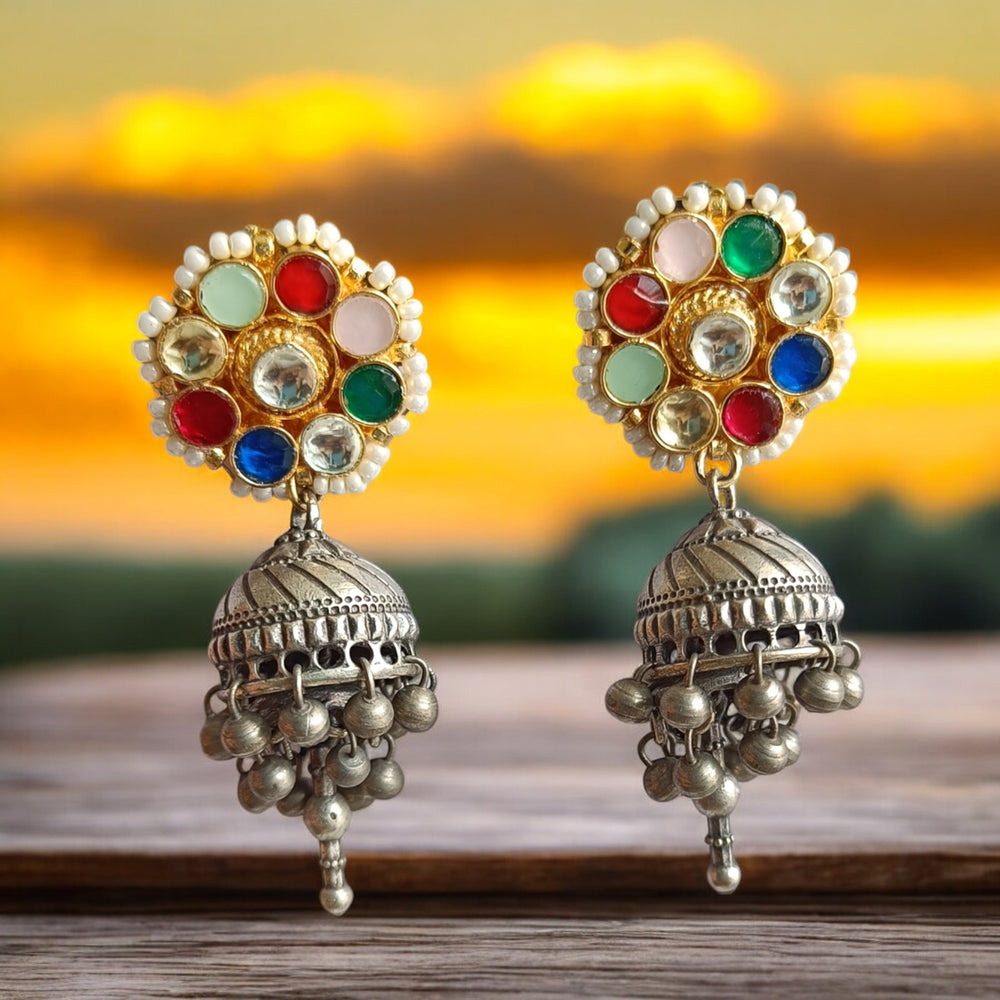 ABHILASHA DUAL TONE PACHI KUNDAN FUSION SILVER PLATED EARRINGS