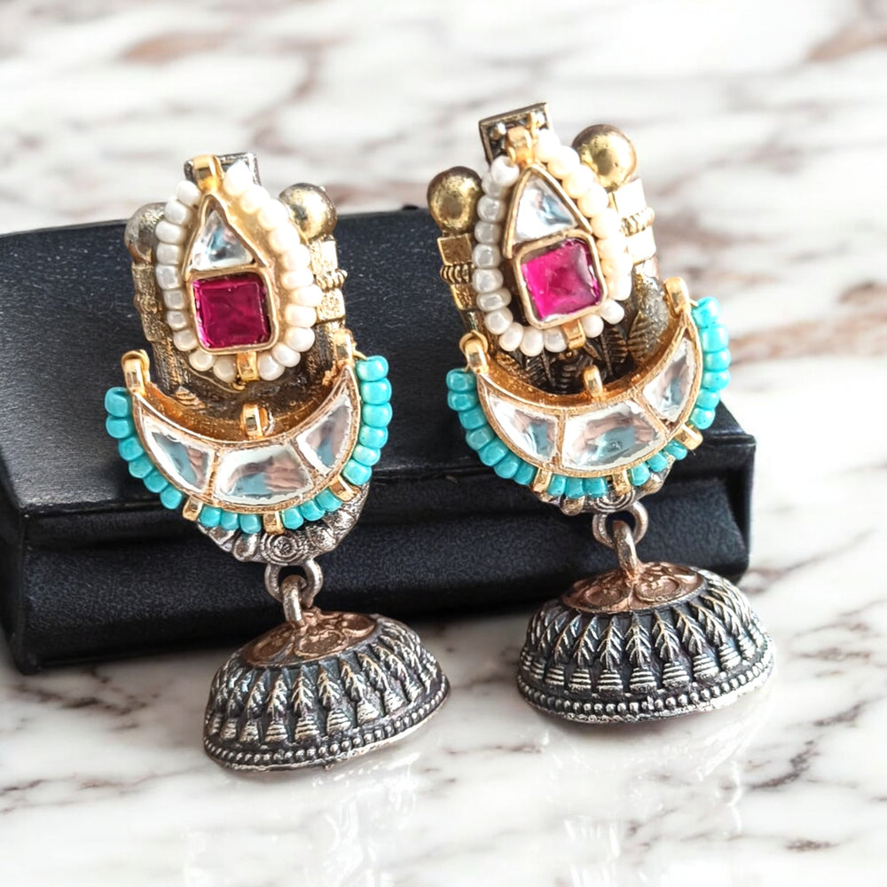 ABHIJATA DUAL TONE PACHI KUNDAN FUSION SILVER PLATED EARRINGS