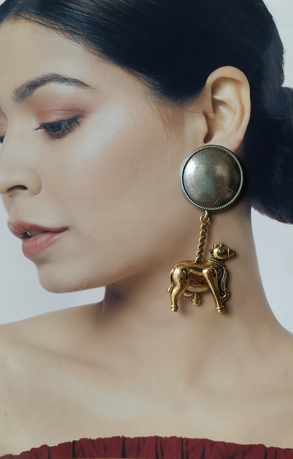 ATSI CLASSIC DUAL TONE COW SILVER-PLATED EARRINGS