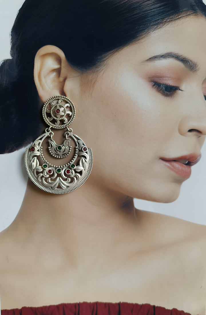 ASTUTI CLASSIC ANTIQUE SILVER PLATED CHANDBALI EARRINGS