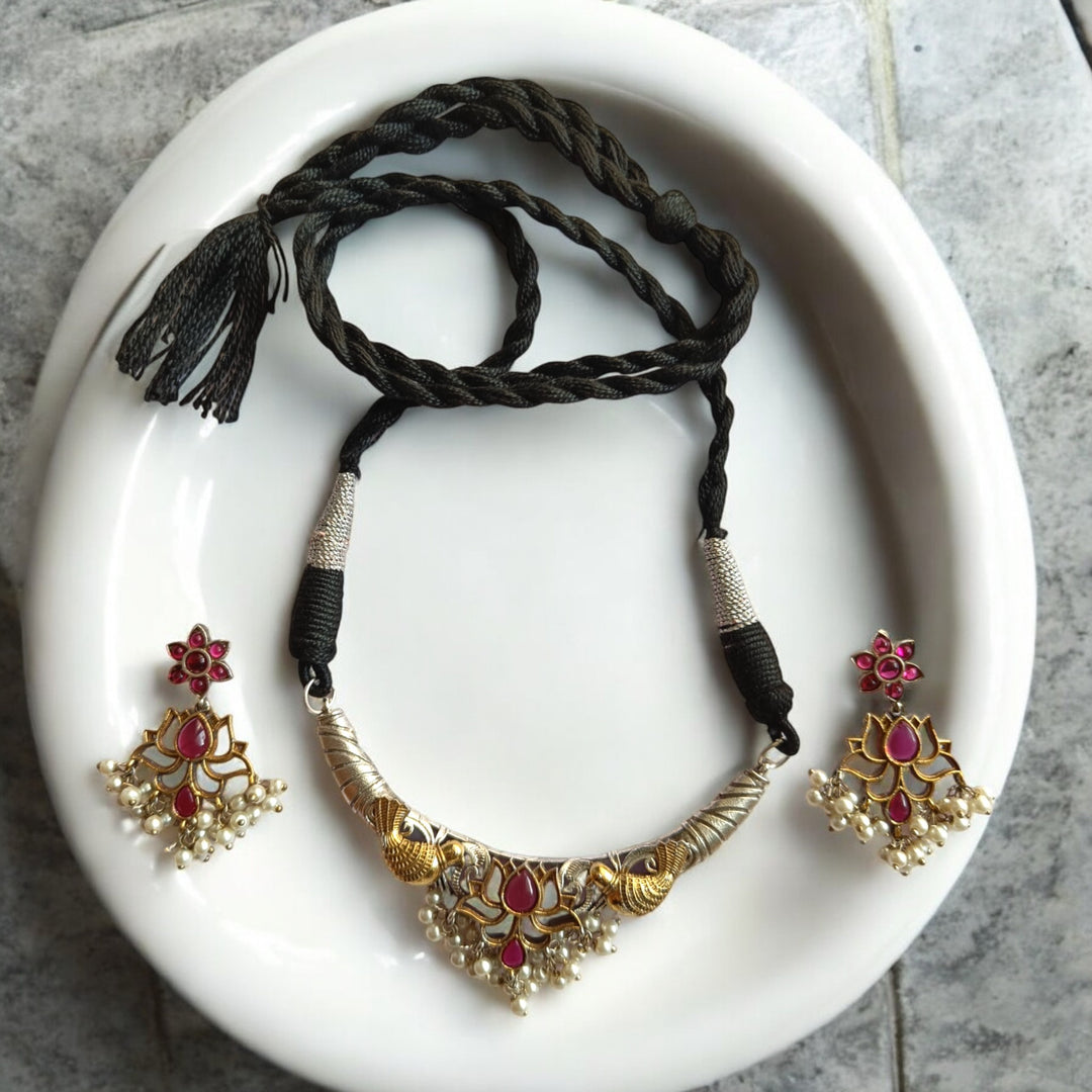 AYUSHA DUAL TONE SILVER-PLATED RED CHOKER NECKLACE SET