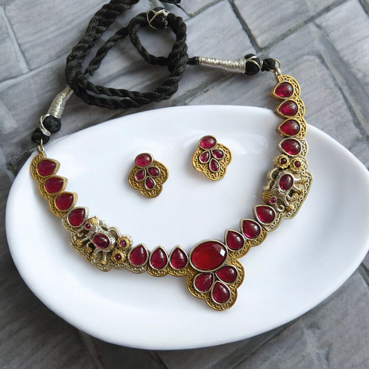 SILVER LOOK ALIKE NECKLACE WITH EARRINS ASTER RED [product_variant]- TelaNaari