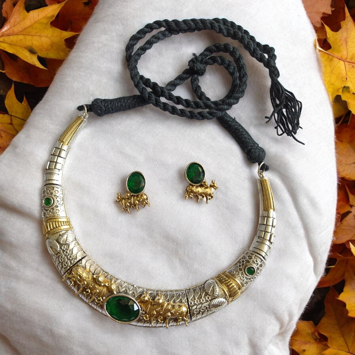 TIMELESS HARSHITA GREEN DUAL TONE SILVER-PLATED HASLI NECKLACE SET [product_variant]- TelaNaari