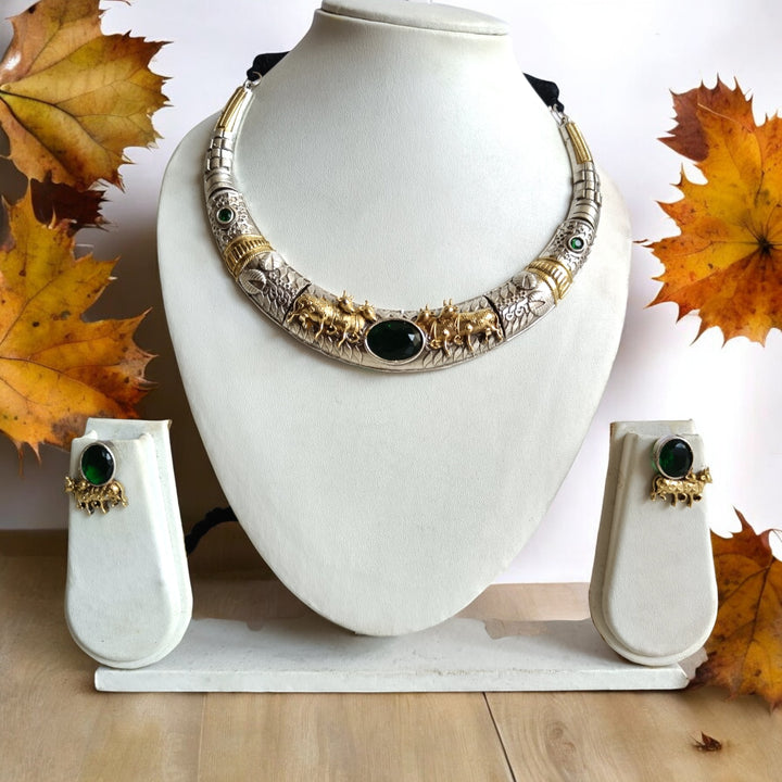 TIMELESS HARSHITA GREEN DUAL TONE SILVER-PLATED HASLI NECKLACE SET [product_variant]- TelaNaari