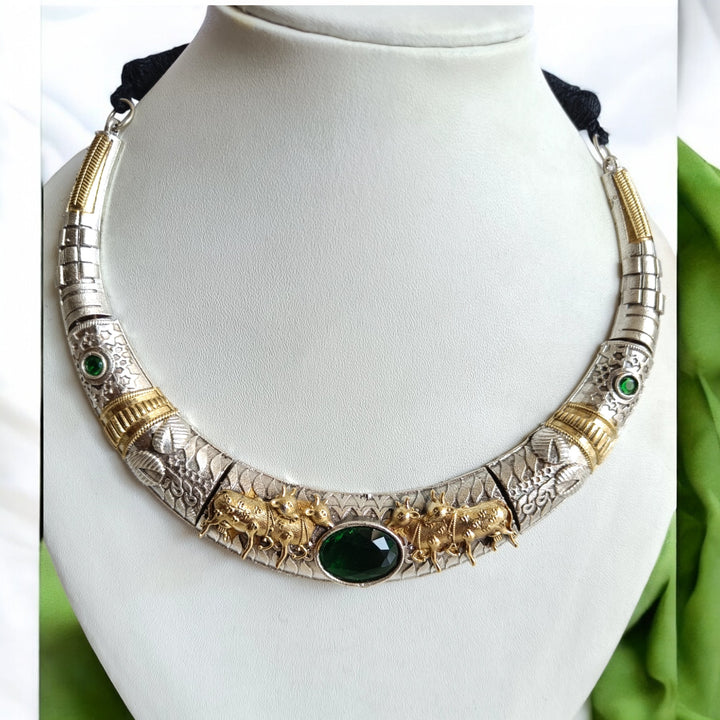 TIMELESS HARSHITA GREEN DUAL TONE SILVER-PLATED HASLI NECKLACE SET [product_variant]- TelaNaari