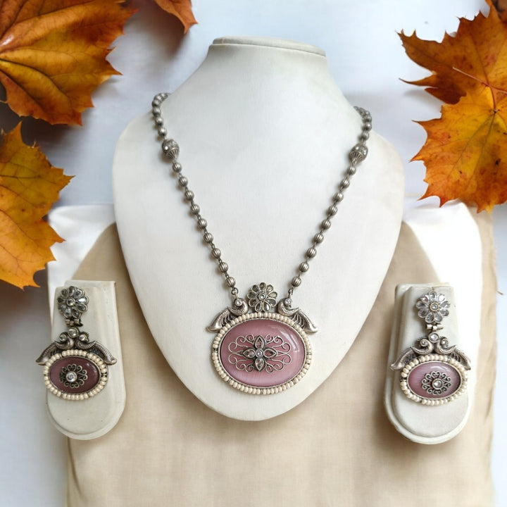 TIMELESS ELEGANT NOOPUR PINK SILVER-PLATED NECKLACE SET [product_variant]- TelaNaari