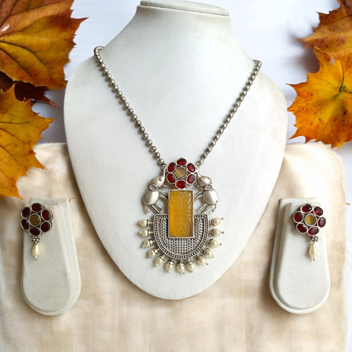 CLASSIC KAVYA SILVER-PLATED ELEPHANT YELLOW NECKLACE SET