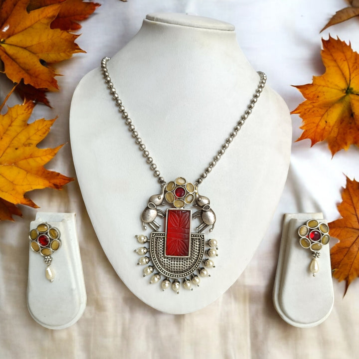 CLASSIC LOGESHWARI SILVER-PLATED ELEPHANT RED NECKLACE SET