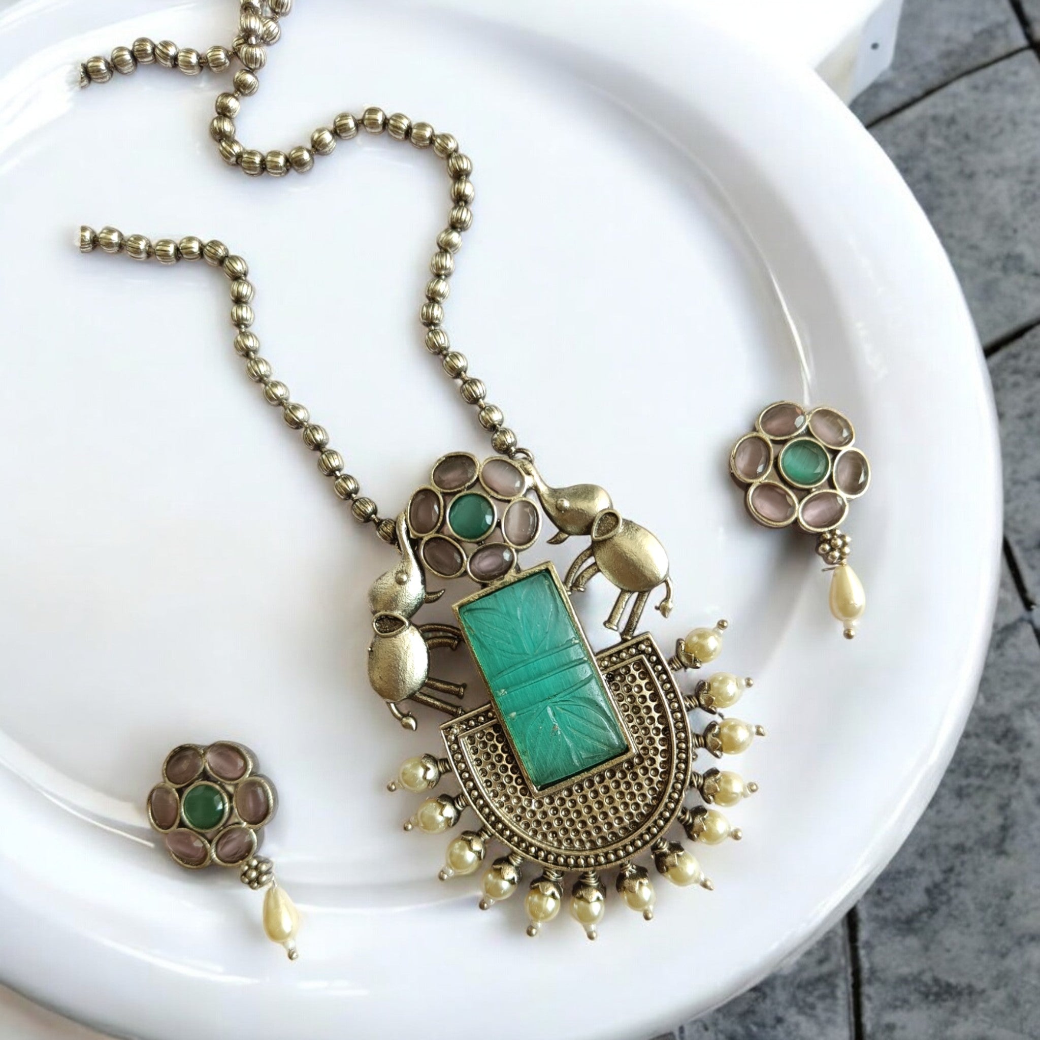 SHOP PARUL SILVER PLATED ELEPHANT SEA GREEN NECKLACE SET Online for Women