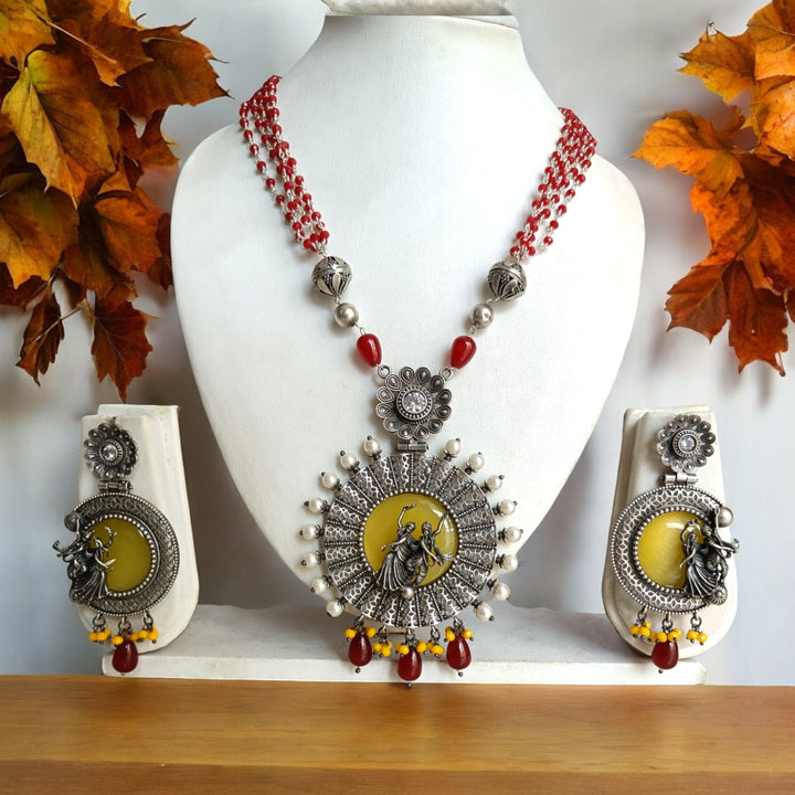 PRIYANTA SILVER-PLATED YELLOW PEARL RADHE KRISHNA NECKLACE SET