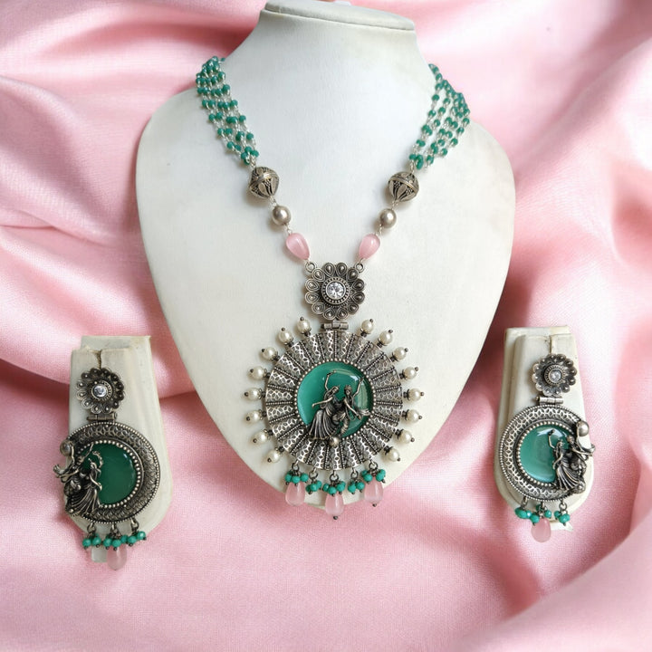 BHUVI SILVER-PLATED SEA GREEN RADHE KRISHNA NECKLACE SET