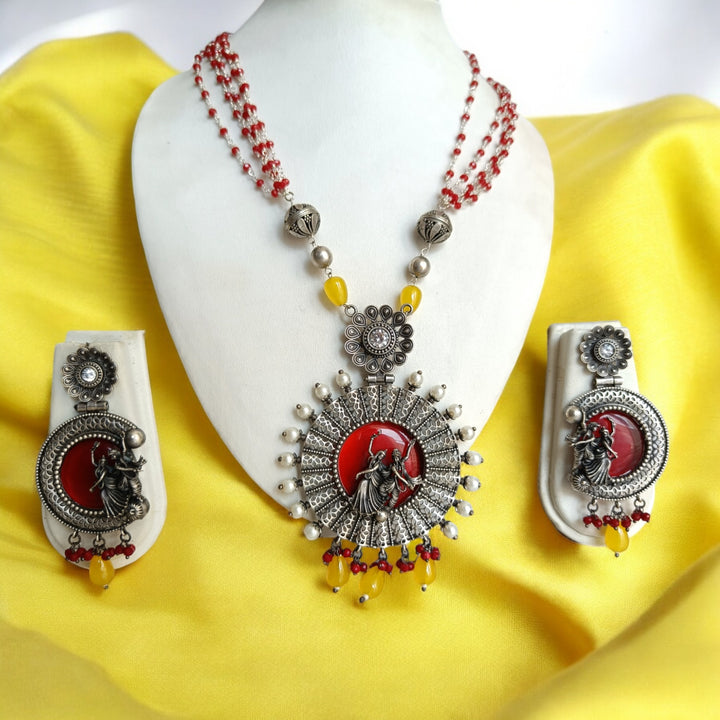 RAMYA SILVER-PLATED RED RADHE KRISHNA NECKLACE SET