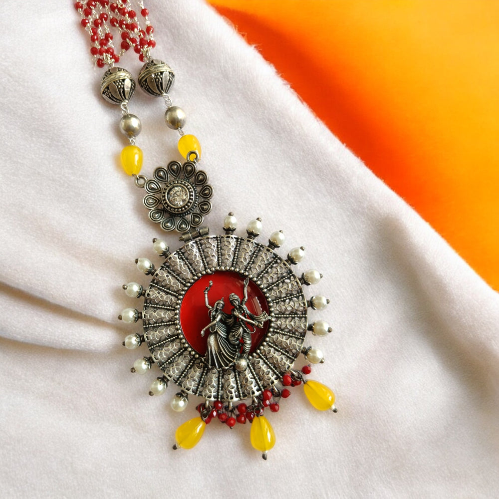 RAMYA SILVER-PLATED RED RADHE KRISHNA NECKLACE SET