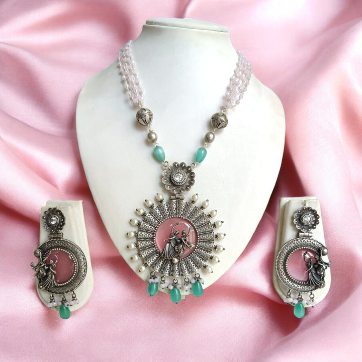 DEEPALI SILVER-PLATED PINK RADHE KRISHNA NECKLACE SET