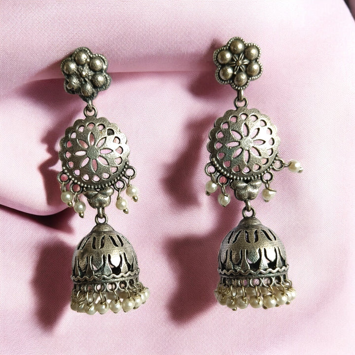 CLASSIC ANTIQUE AYUSHMA SILVER OXIDISED JHUMKI EARRINGS [product_variant]- TelaNaari