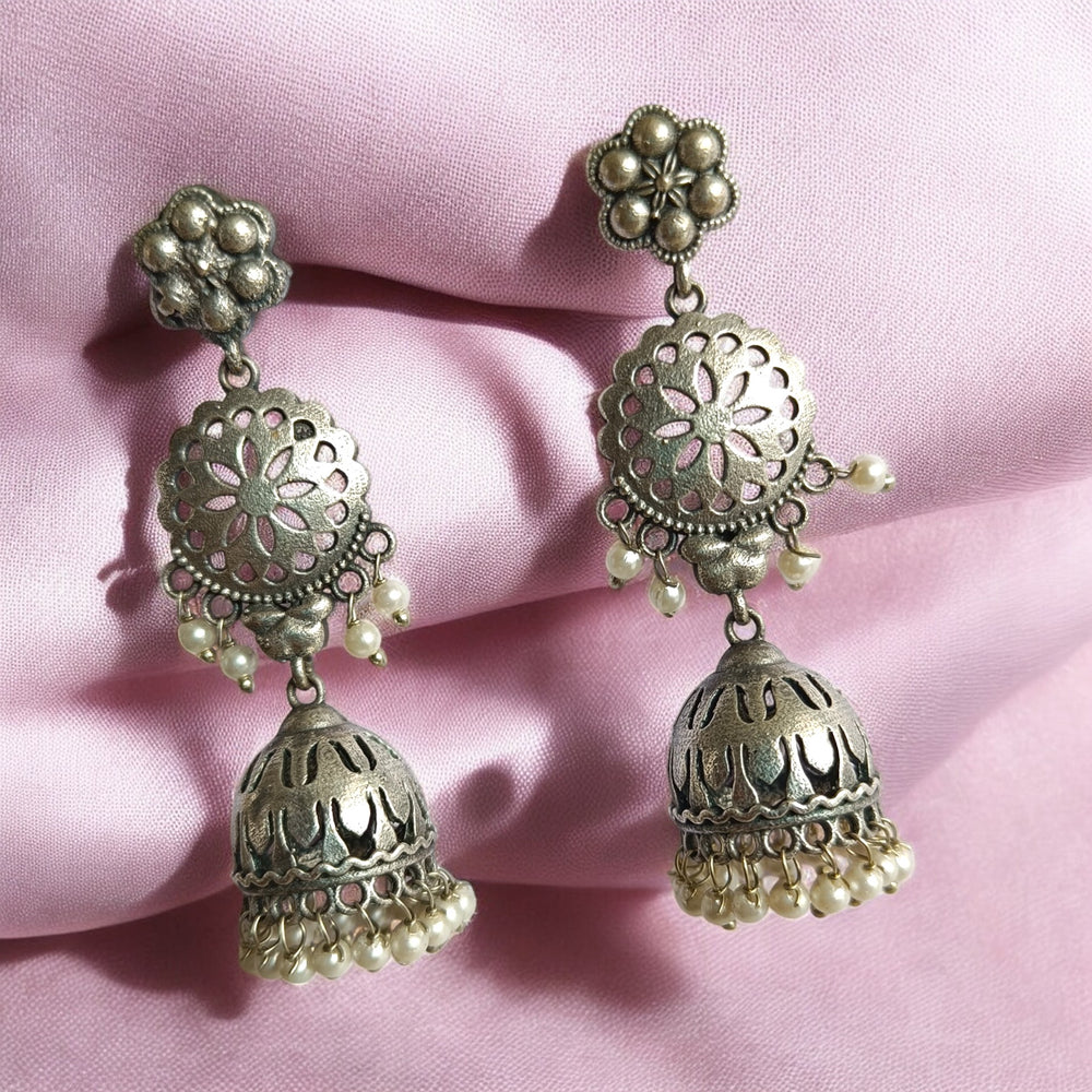 CLASSIC ANTIQUE AYUSHMA SILVER OXIDISED JHUMKI EARRINGS