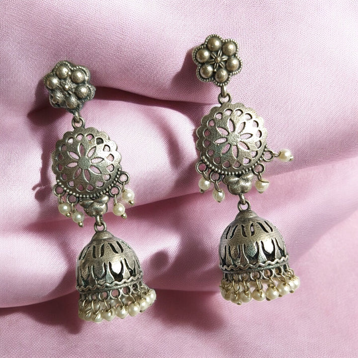 CLASSIC ANTIQUE AYUSHMA SILVER OXIDISED JHUMKI EARRINGS [product_variant]- TelaNaari