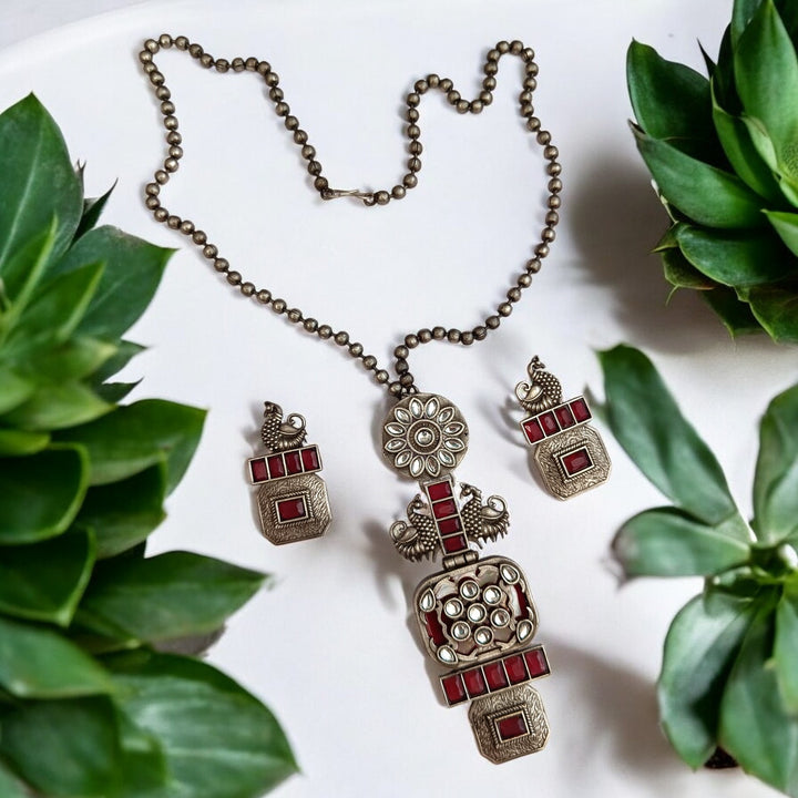 CLASSIC TIMELESS ELISHA RED SILVER PLATED NECKLACE SET